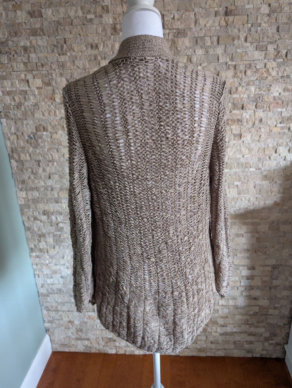 Chicos Woven Open Knit Cardigan Neutral Beige Coastal Sz M Granola Cottage Tan image 3